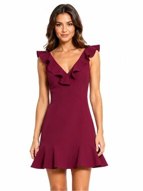 Likely Harlow Burgundy Ruffle V-Neck Mini Dress in Burgundy